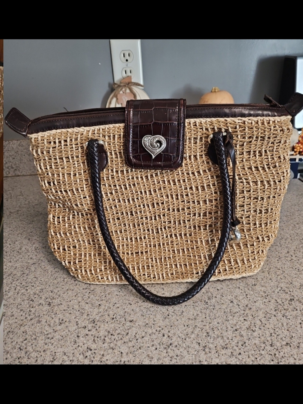 Brighton Natural Woven Tote with Dark Brown Trim and Heart Charm